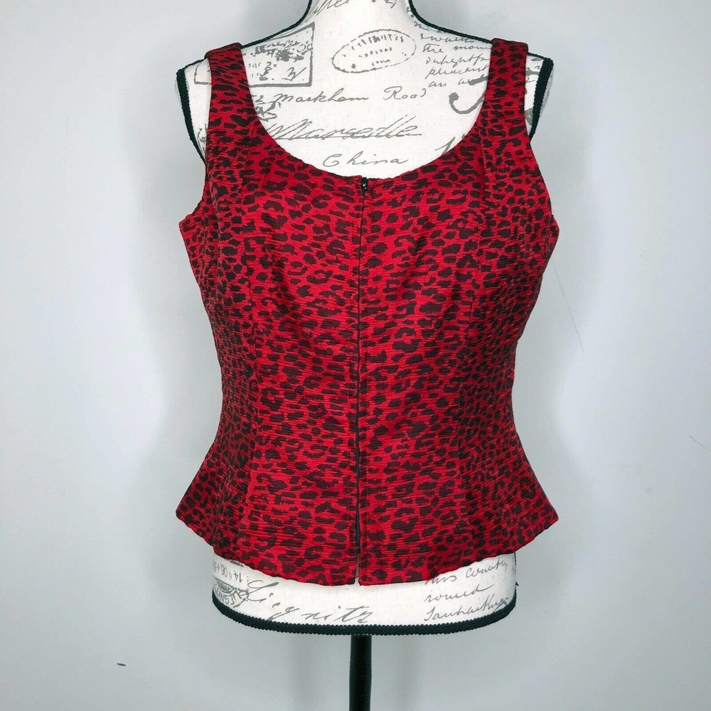 Vintage Pentimento Red Black Leopard Animal Print Fitted Zip Up Tank Size 12